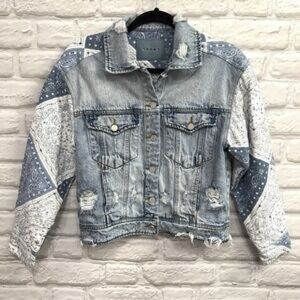 Blank NYC Blue and White Patchwork Jean Jacket
